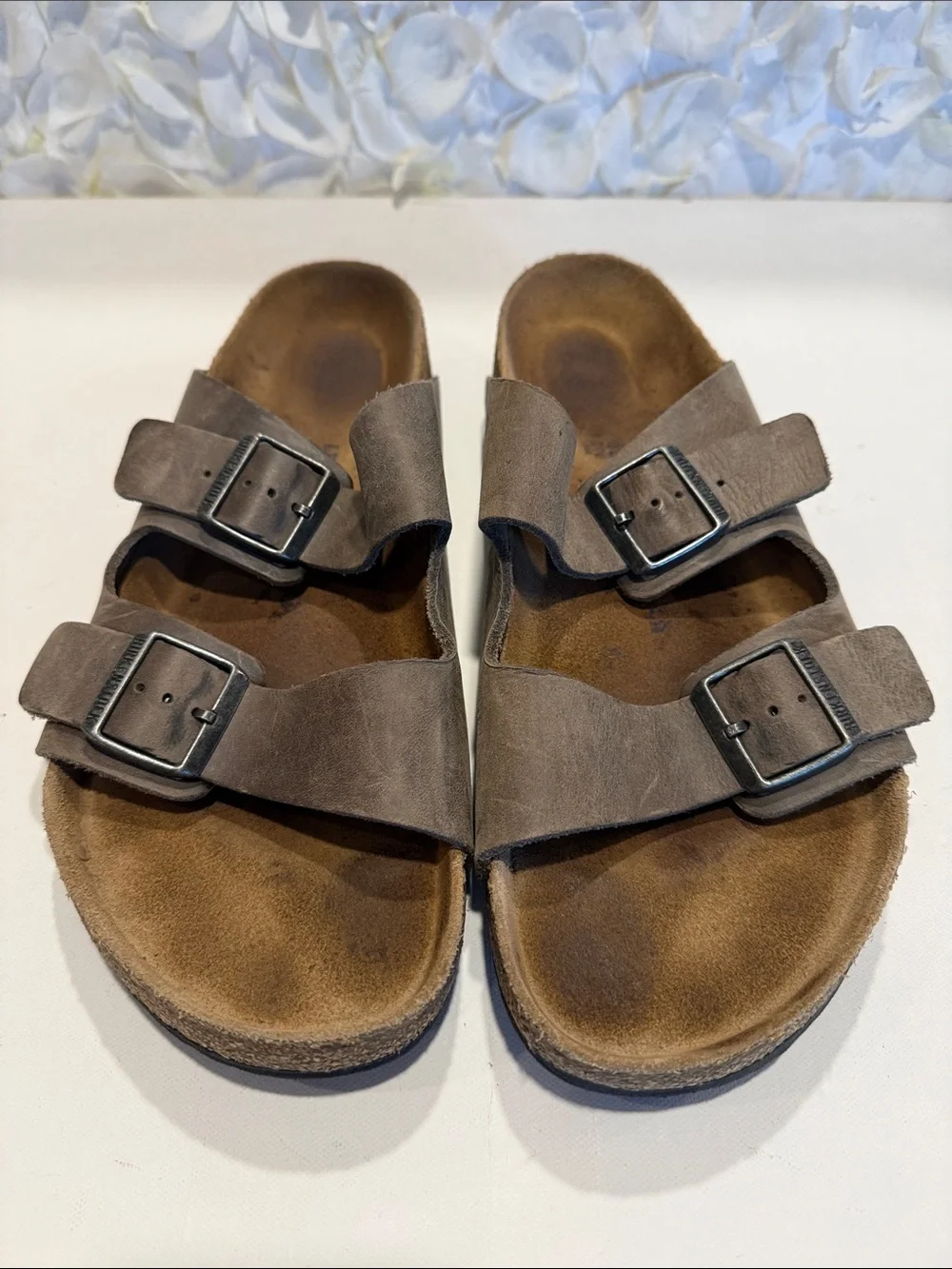 Birkenstock Taupe Suede Two-Strap Slide Sandals